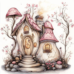25 digital images, pink whimsical fairy floral houses, large square artwork poster, kids art, playroom nursery magical
