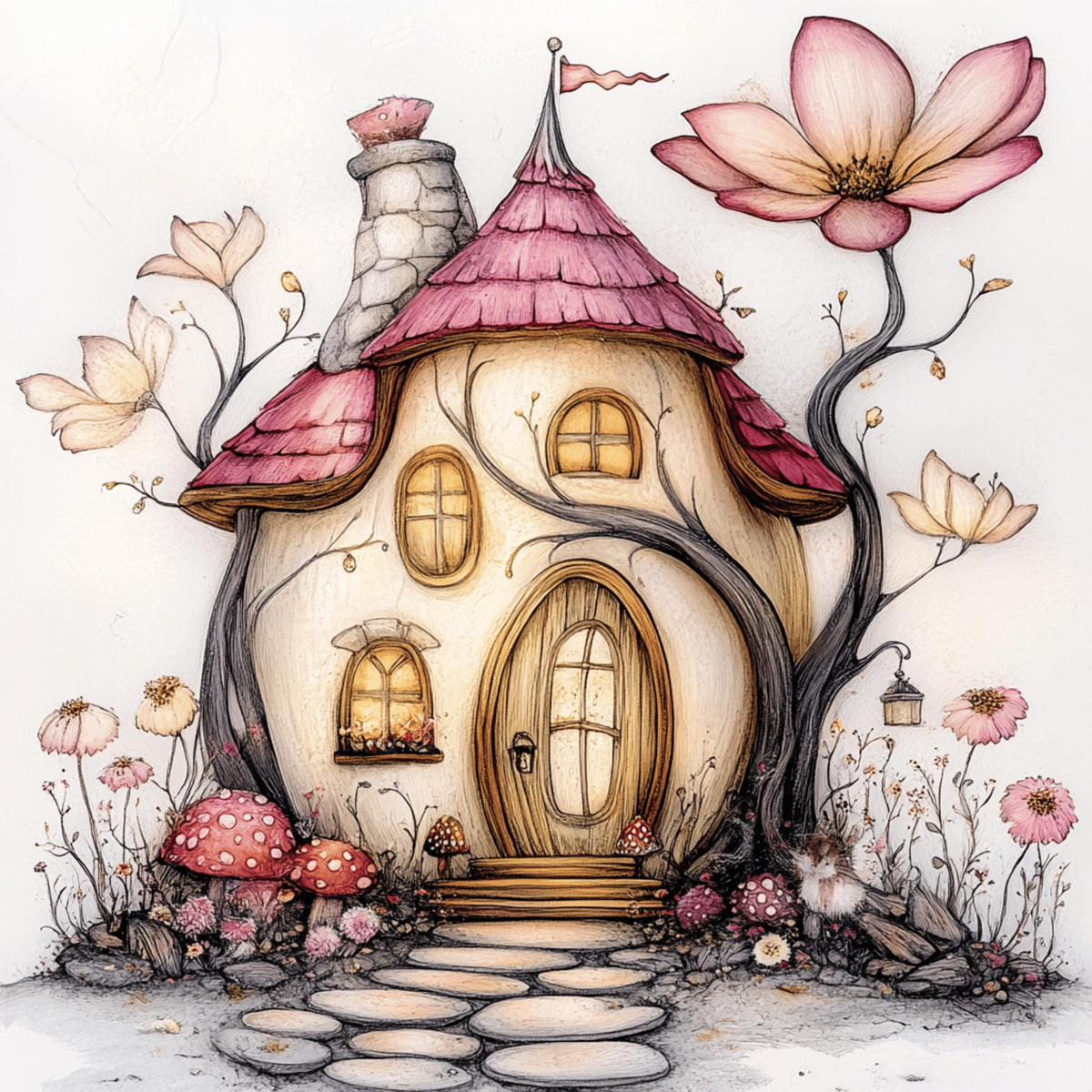 25 digital images, pink whimsical fairy floral houses, large square artwork poster, kids art, playroom nursery magical