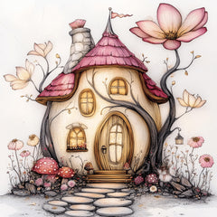 25 digital images, pink whimsical fairy floral houses, large square artwork poster, kids art, playroom nursery magical