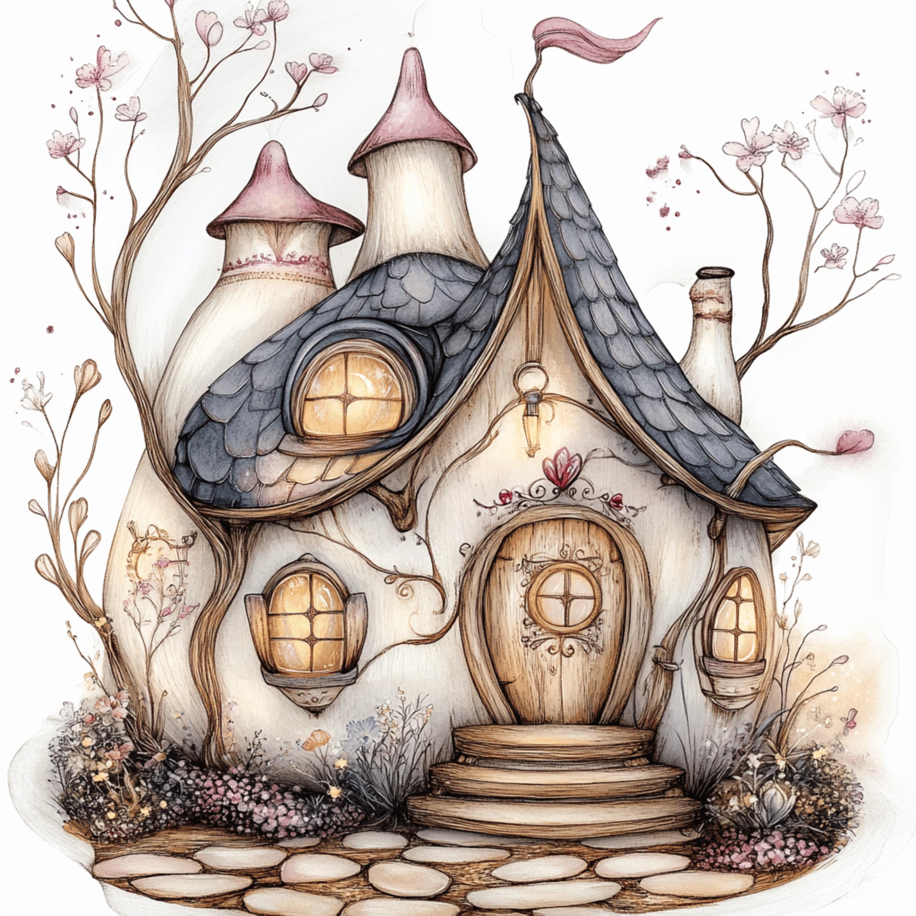 25 digital images, pink whimsical fairy floral houses, large square artwork poster, kids art, playroom nursery magical