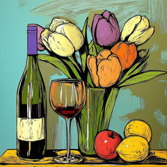 21 Floral Bouquet Still Life, Fruit and Wine Art, 21 Digital Images, Modern Kitchen Decor, Dining Room Wall Art Poster, Large Square Artwork