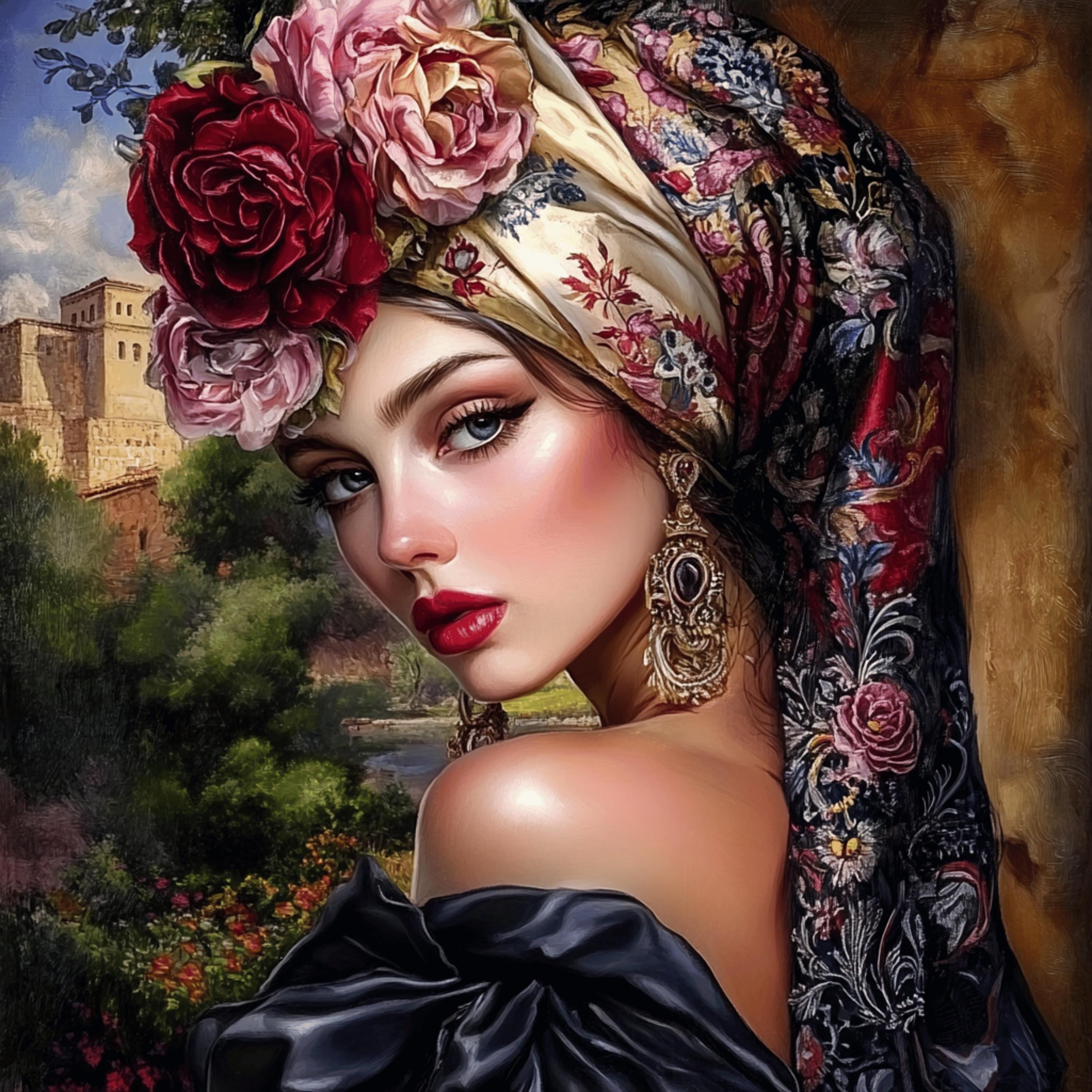 10 Italian Female Portrait Poster, Floral Large Square Artwork, 10 Digital Images, Overthebed Art, Wall Decor, Italian Wall Art