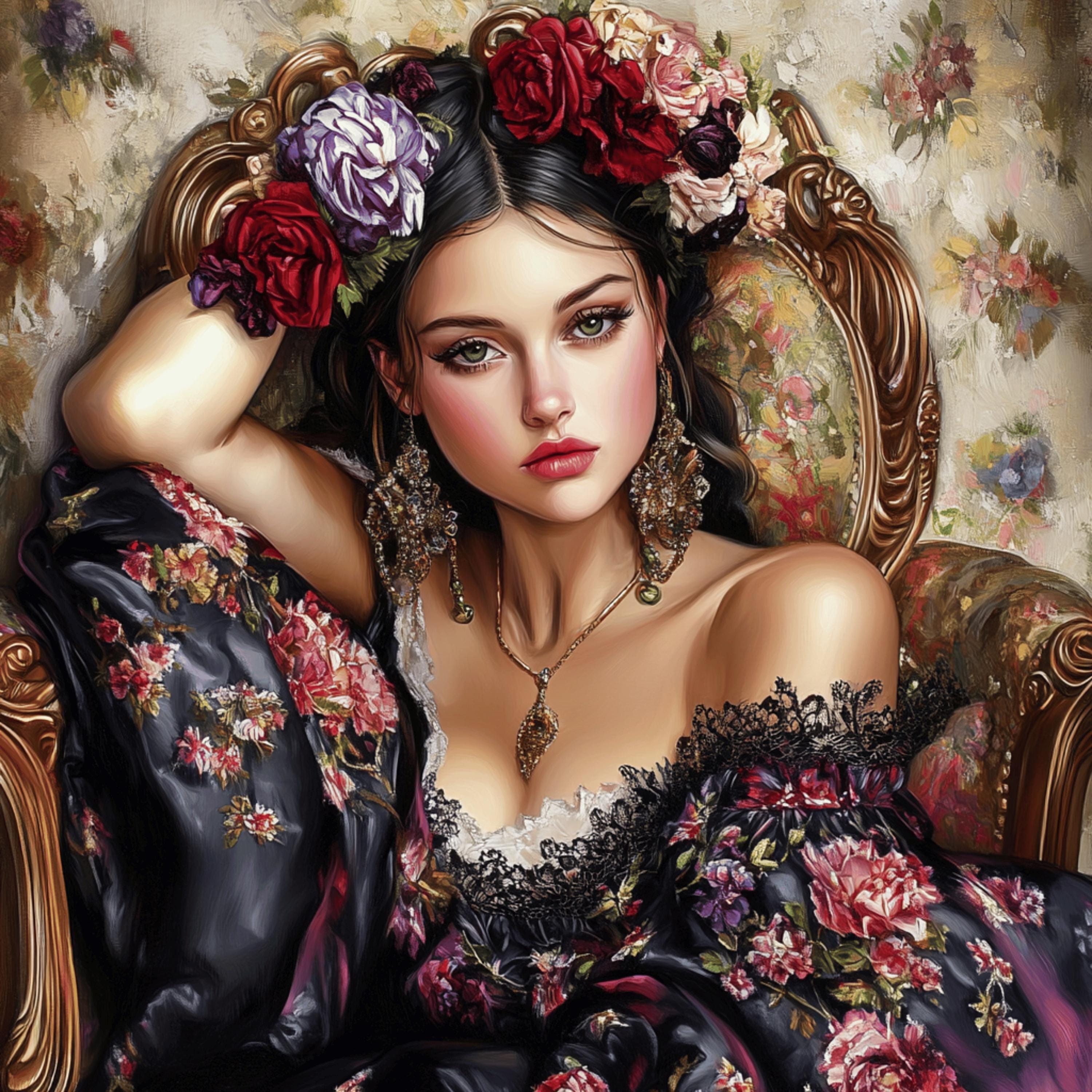 10 Italian Female Portrait Poster, Floral Large Square Artwork, 10 Digital Images, Overthebed Art, Wall Decor, Italian Wall Art