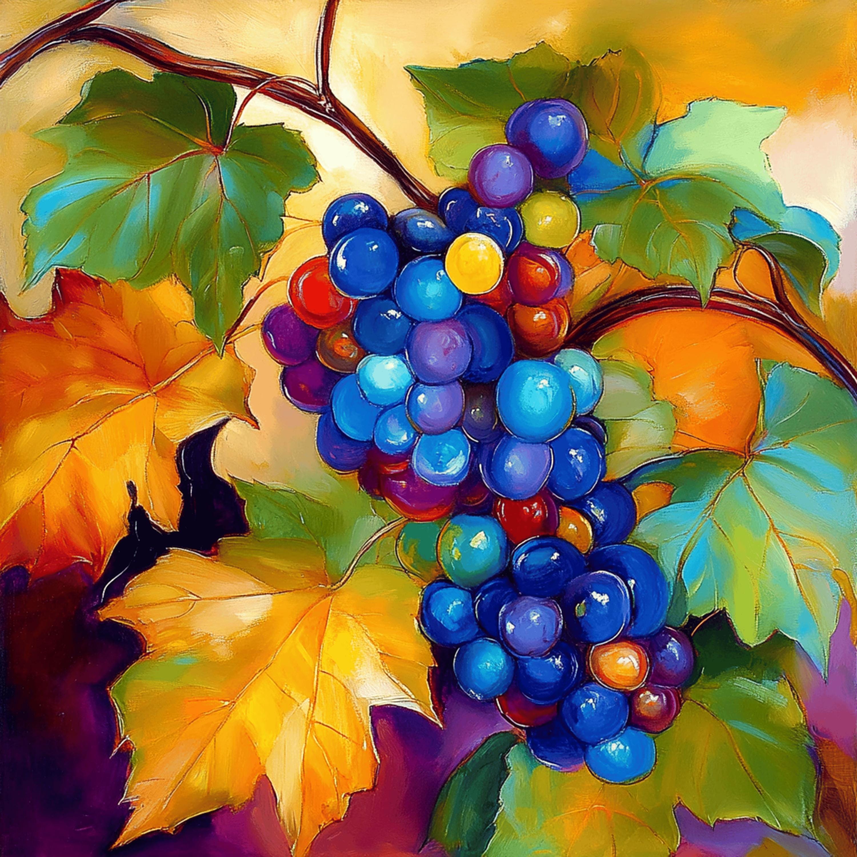35 Vibrant Grapevine Digital Images Set, Kitchen Dining Room Art, Large Square Artwork Poster, Colorful Grape Vine Print