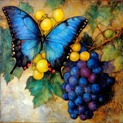12 Butterfly Grapevine Art Print, Large Square Wall Decor, Living Room Poster, Blue Butterfly Grape Art, Digital Download