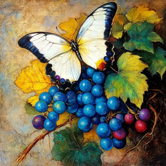 12 Butterfly Grapevine Art Print, Large Square Wall Decor, Living Room Poster, Blue Butterfly Grape Art, Digital Download