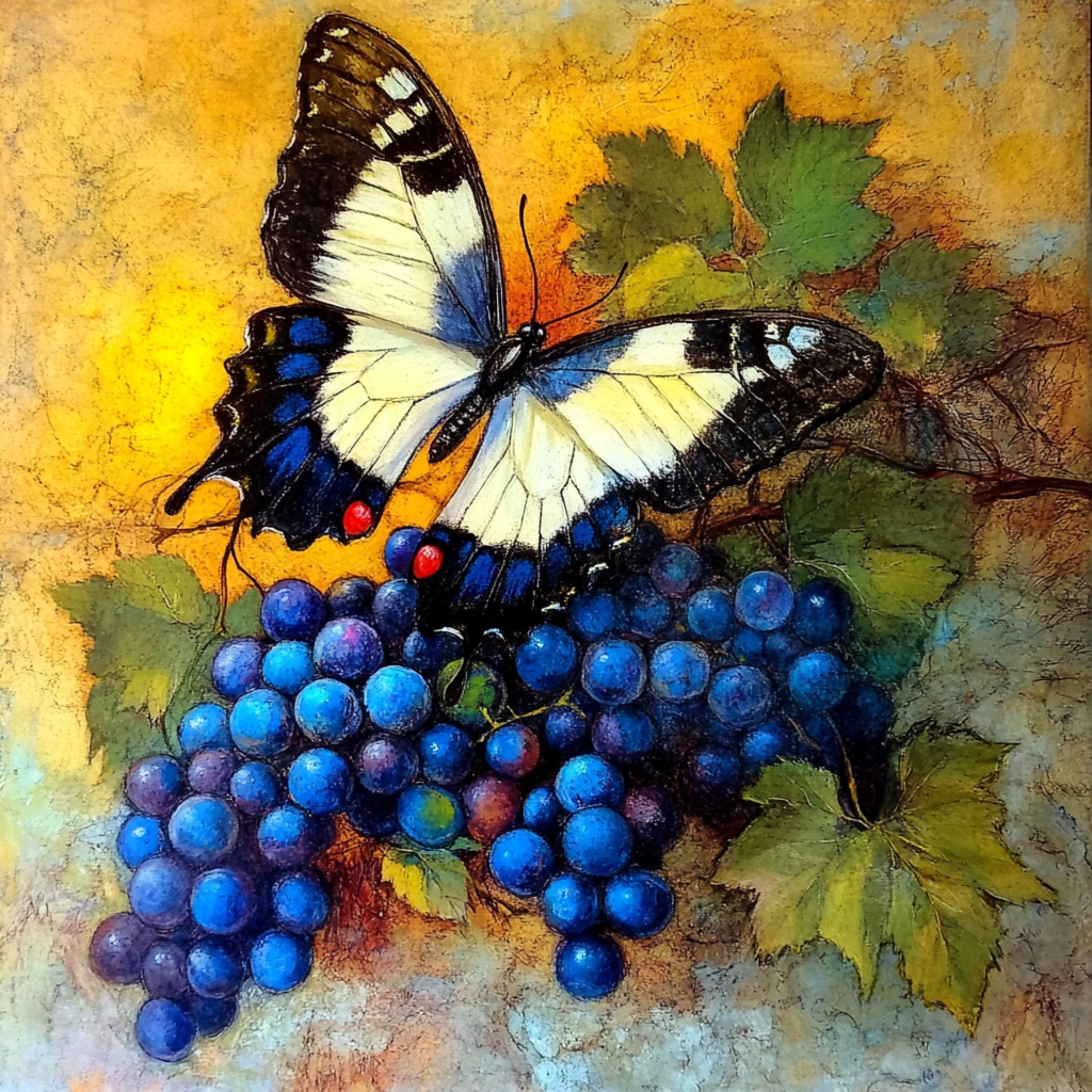 12 Butterfly Grapevine Art Print, Large Square Wall Decor, Living Room Poster, Blue Butterfly Grape Art, Digital Download