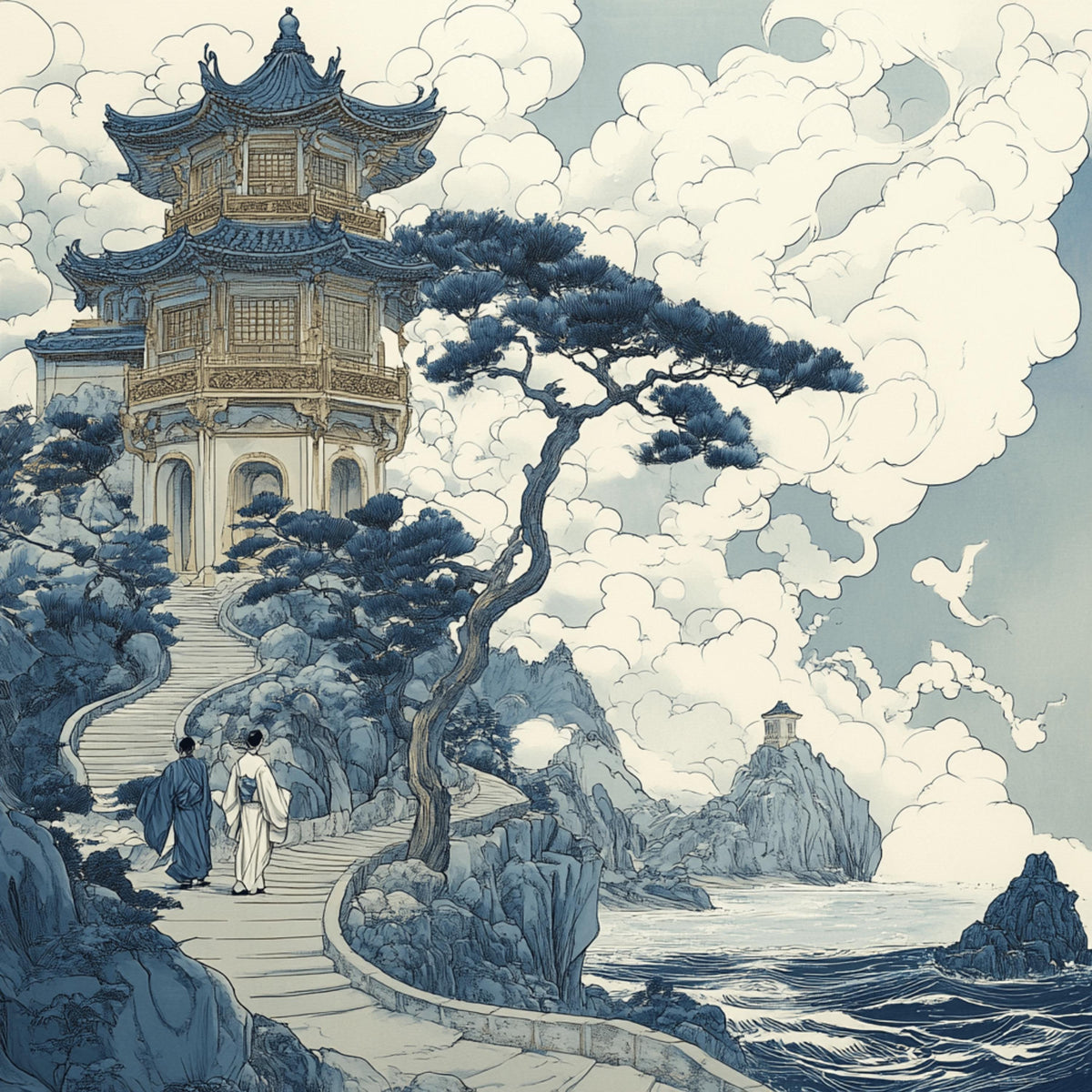 12 Japanese Scene Digital Art Set, Monochrome Large Square Poster, 12 Artwork Images, Traditional Japanese Landscape