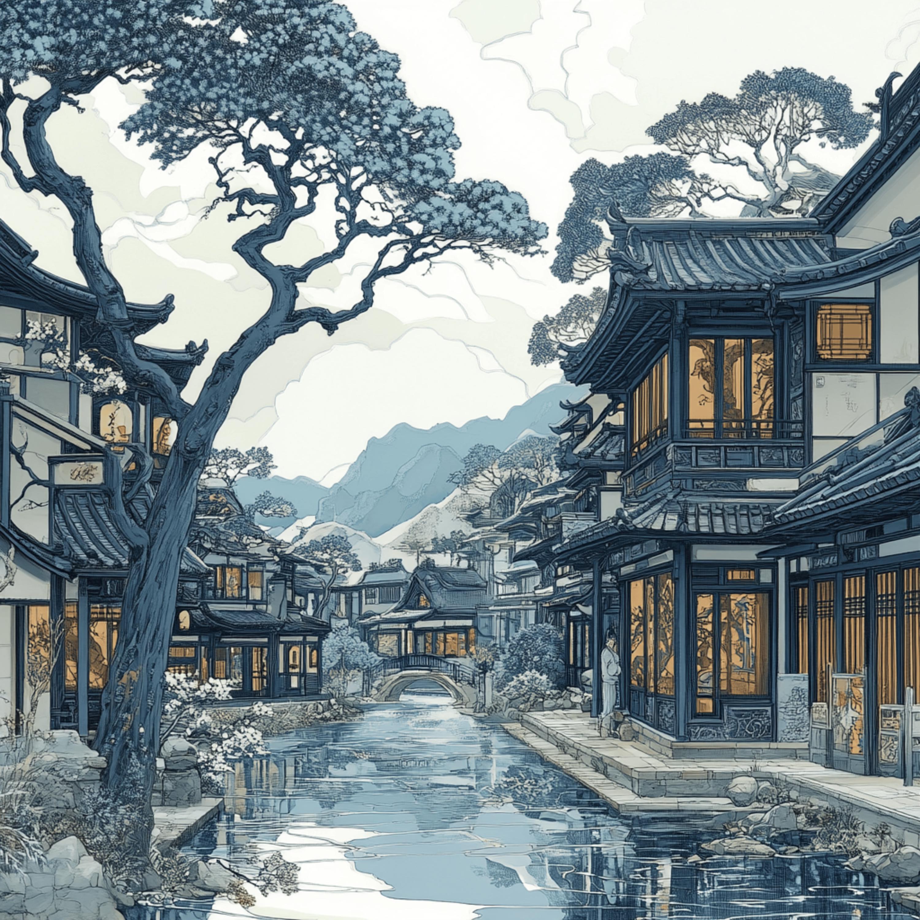 12 Japanese Scene Digital Art Set, Monochrome Large Square Poster, 12 Artwork Images, Traditional Japanese Landscape