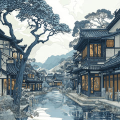12 Japanese Scene Digital Art Set, Monochrome Large Square Poster, 12 Artwork Images, Traditional Japanese Landscape