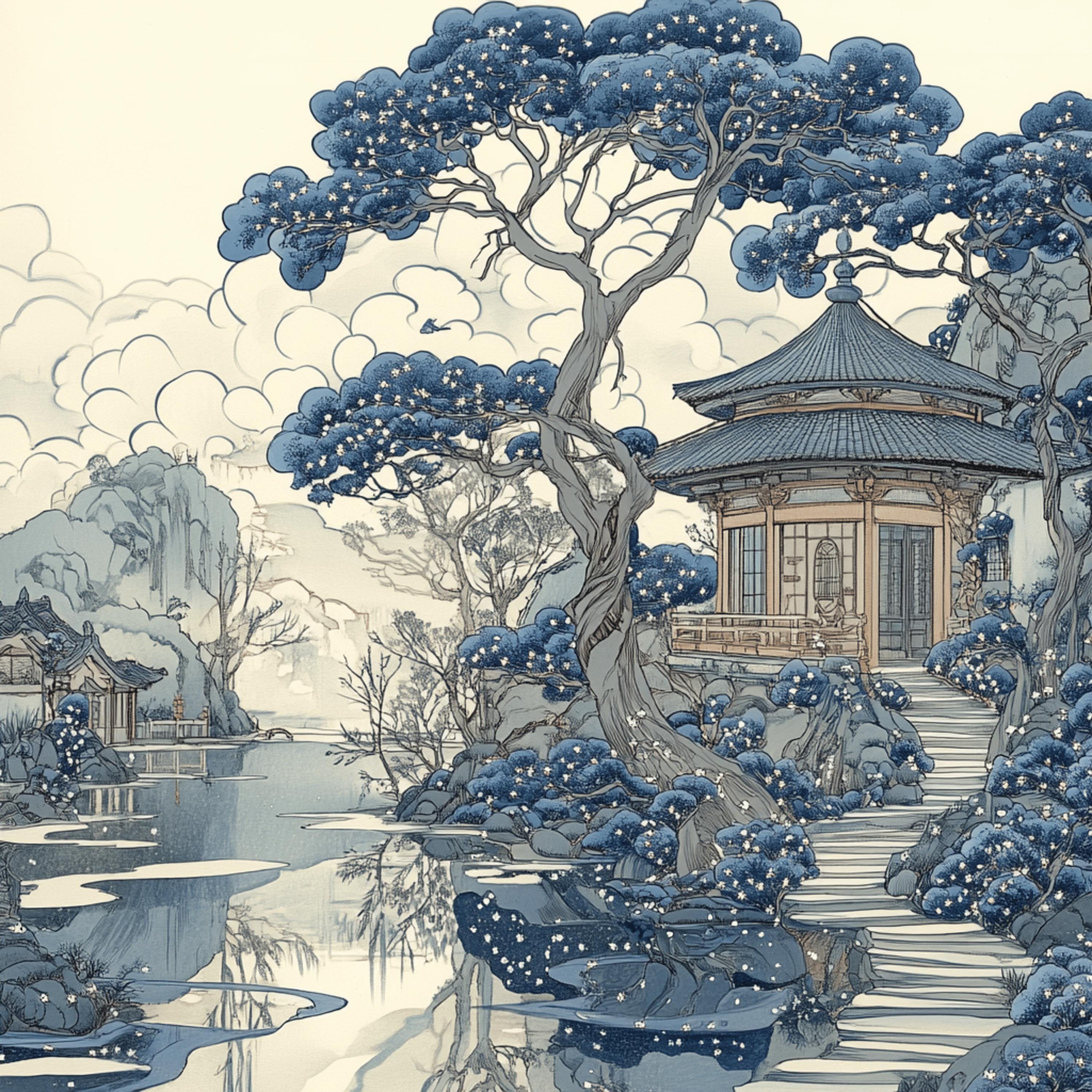 12 Japanese Scene Digital Art Set, Monochrome Large Square Poster, 12 Artwork Images, Traditional Japanese Landscape