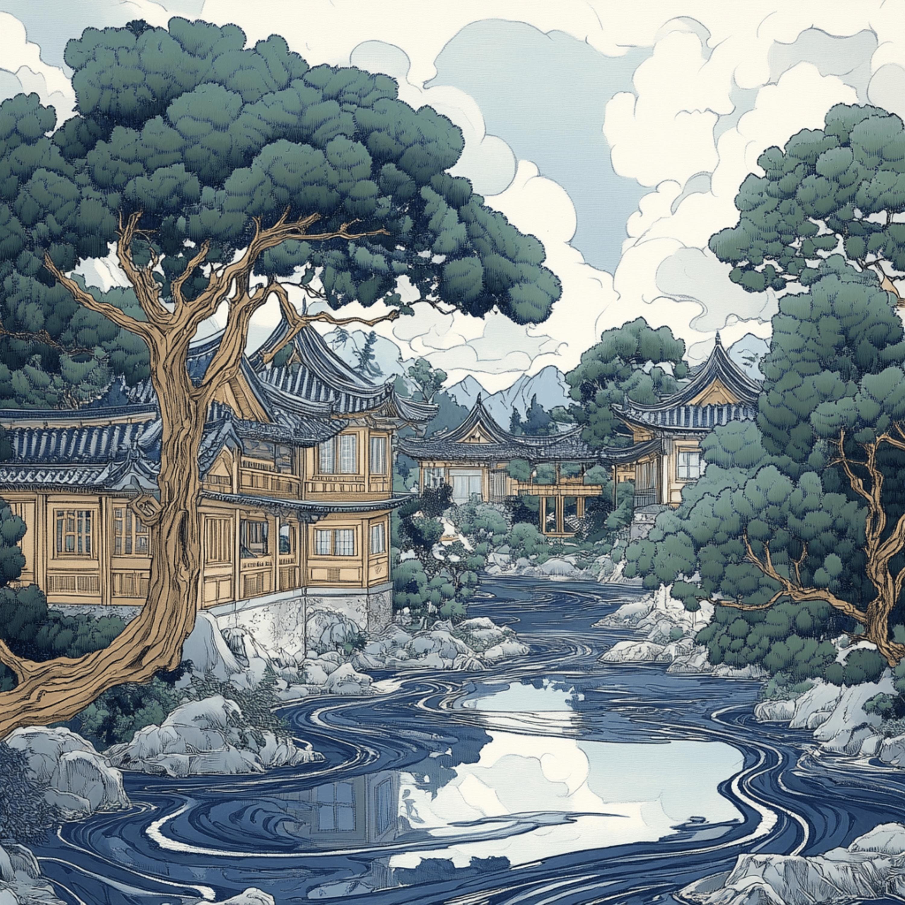 12 Japanese Scene Digital Art Set, Monochrome Large Square Poster, 12 Artwork Images, Traditional Japanese Landscape