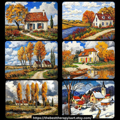 35 Winter and fall landscapes in old masters style, digital images, large artwork poster, stunning seasonal scenery prints