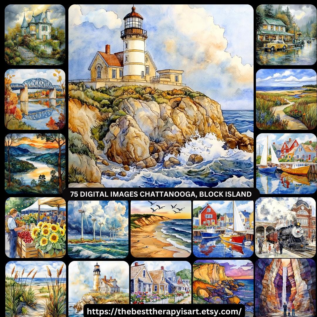 75 Digital Images, Chattanooga Collection, Block Island Art, Watercolor Poster, Large Square Artwork, Coastal Scenes, Nautical Plein Air