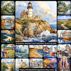 75 Digital Images, Chattanooga Collection, Block Island Art, Watercolor Poster, Large Square Artwork, Coastal Scenes, Nautical Plein Air