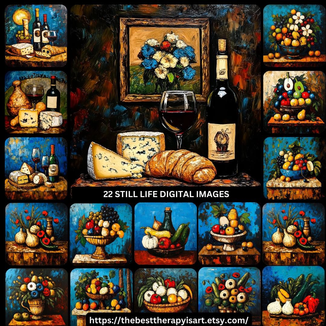 22 Still Life Digital Images, Cheese Wine Fruit Artwork, Oil Painting, Large Square Wall Art Poster, Kitchen Dining Room Wall Decor