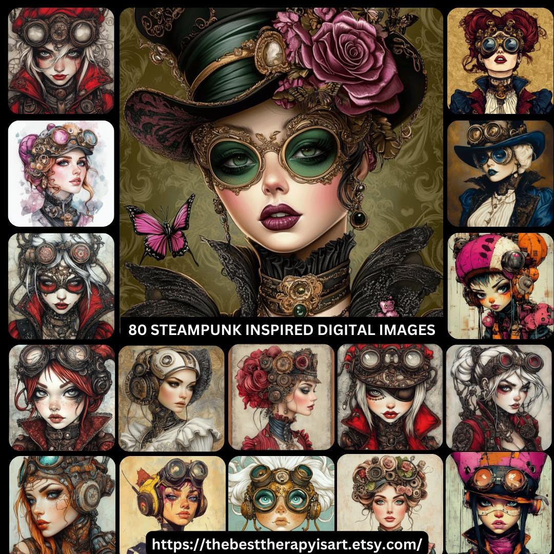 80 Steampunk Digital Images Set, Steampunk Art Prints, Retro-Futurism Neo-Victorian Sci-Fi, Clockwork Fantasy Art Bundle