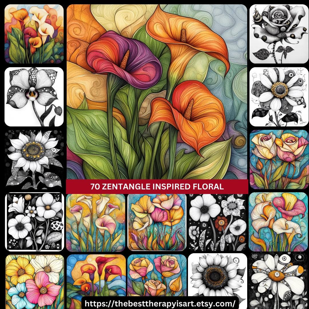 70  Digital Images Zentangle Inspired Floral Flowers Botanical Boho Large Square Artwork Poster Wall Art Printable Decor