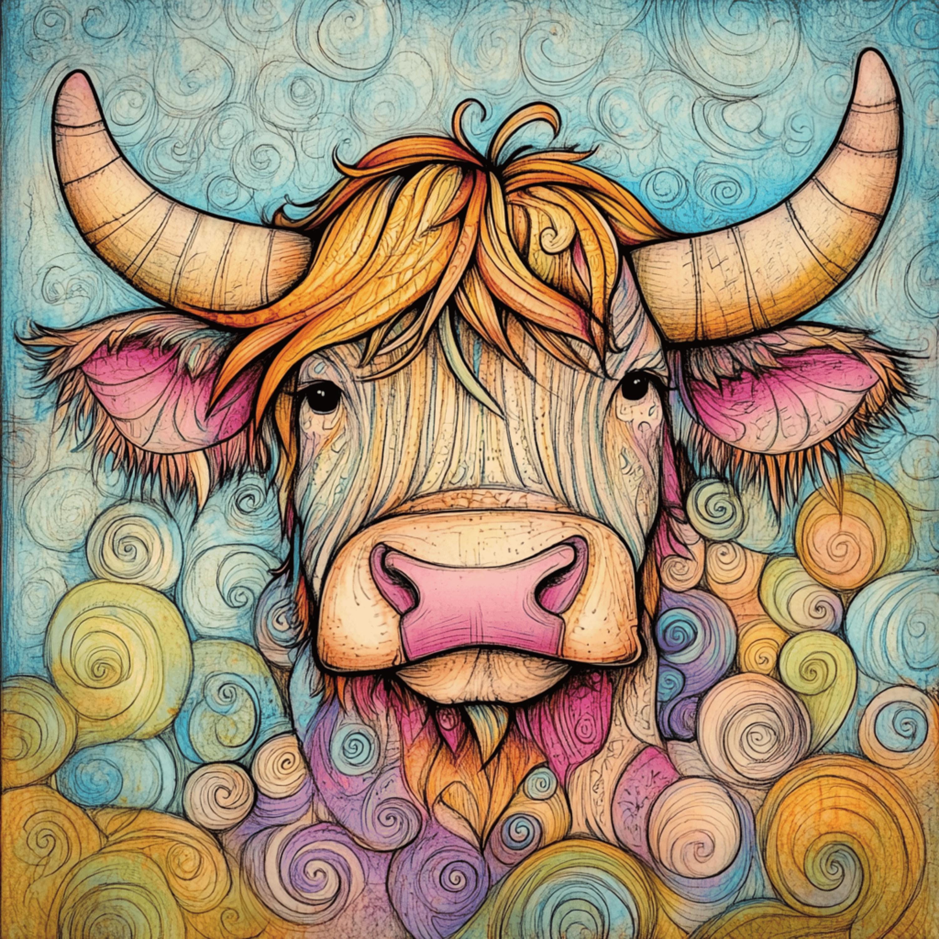30 Digital Images Zentangle Inspired Animals Bull Horse Highland Cow Large Square Artwork Poster