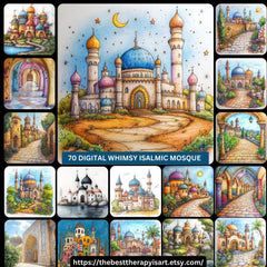 70 Digital Images Whimsical Islamic Architecture Mosque Muslim Large Square Artwork Poster Kid's Art Playroom Nursery Decor Nikkah Gift
