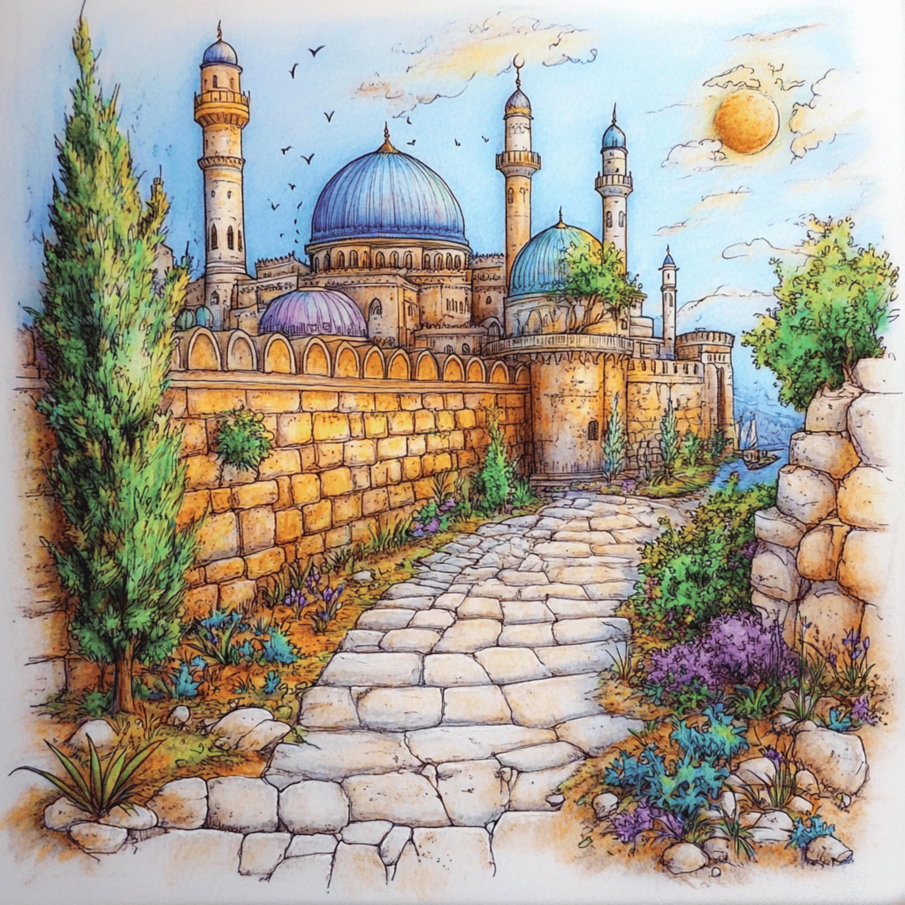 70 Digital Images Whimsical Islamic Architecture Mosque Muslim Large Square Artwork Poster Kid's Art Playroom Nursery Decor Nikkah Gift