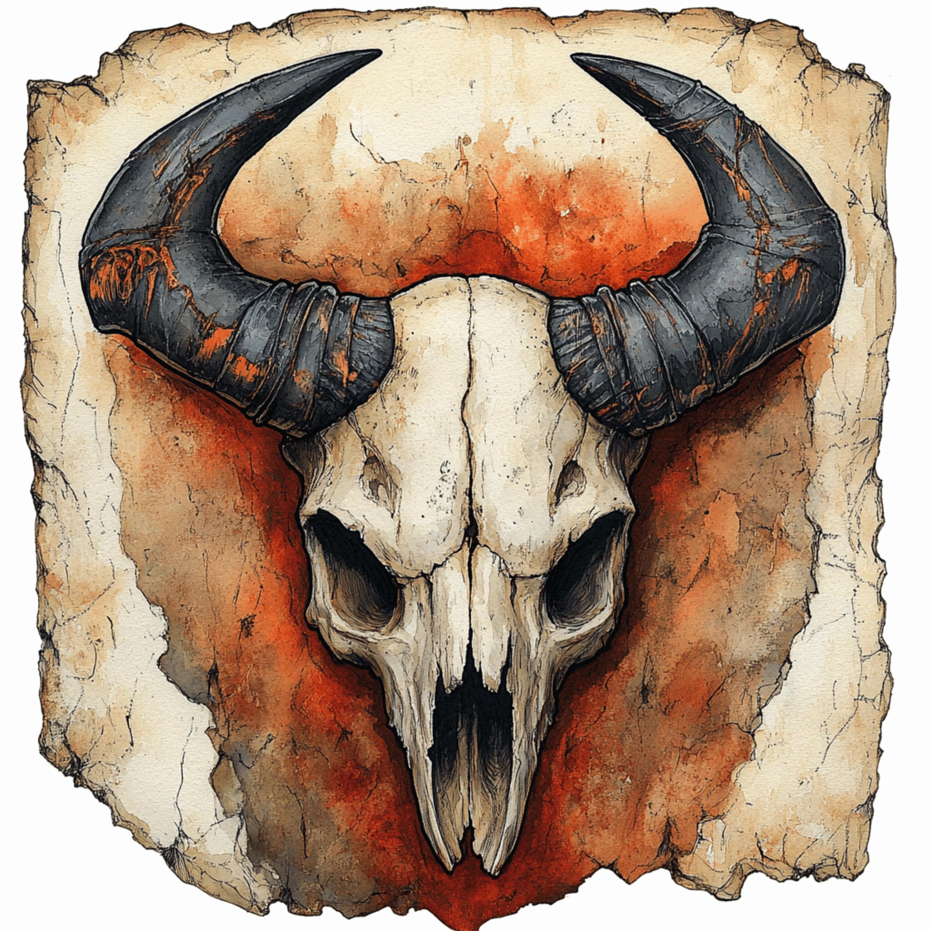 12Mudhorn Signet Skull Art Poster, Large Square Skull Artwork, Animal Skull Digital Prints, Red and Yellow Art, Digital Images