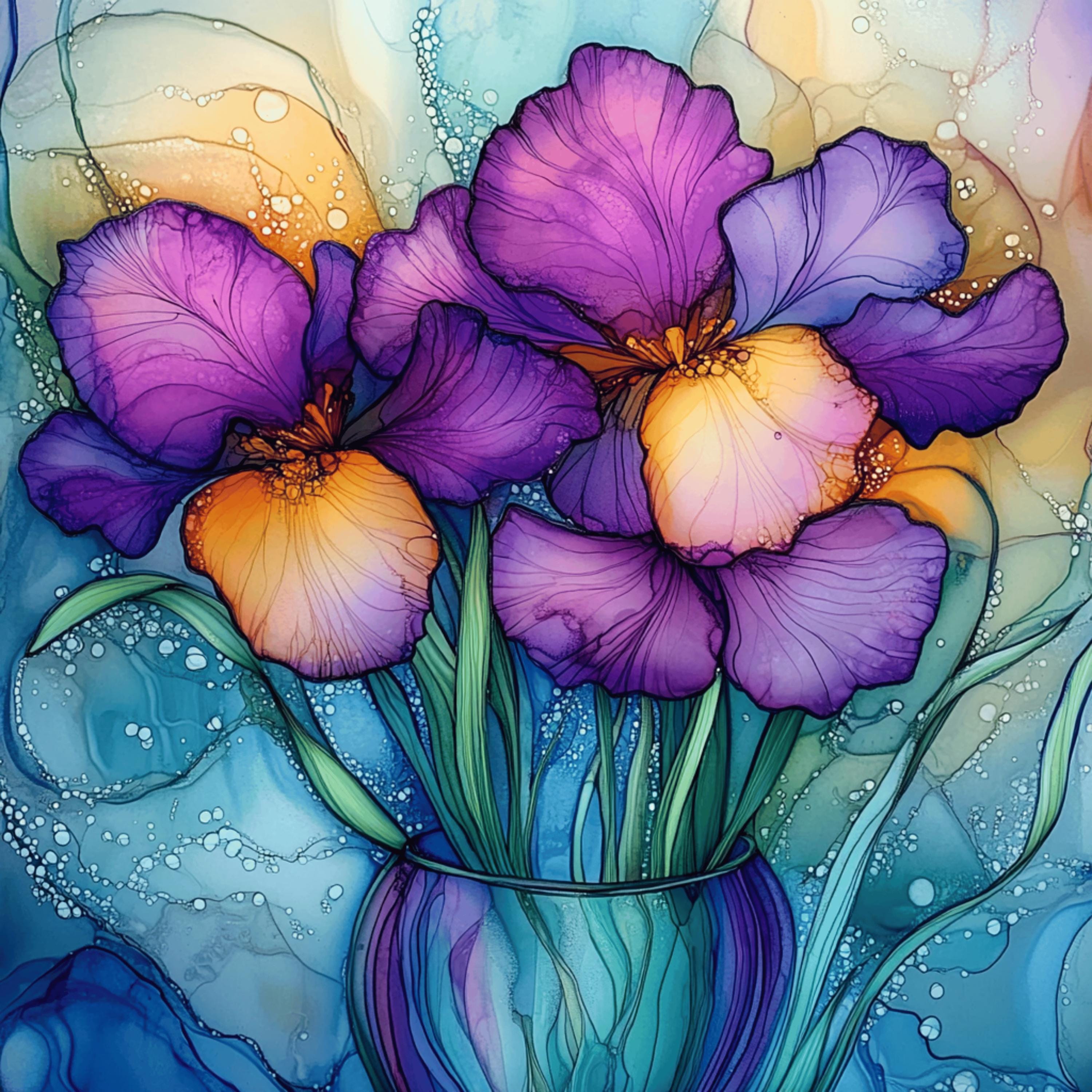 Iris Flower Stained Glass Art, 11 Large Square Artwork, Vibrant Wall Decor, Digital Print, Abstract Floral Painting, Living Dining Bedroom.