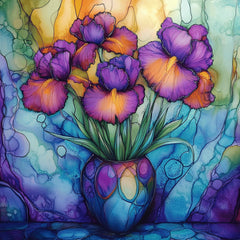 Iris Flower Stained Glass Art, 11 Large Square Artwork, Vibrant Wall Decor, Digital Print, Abstract Floral Painting, Living Dining Bedroom.