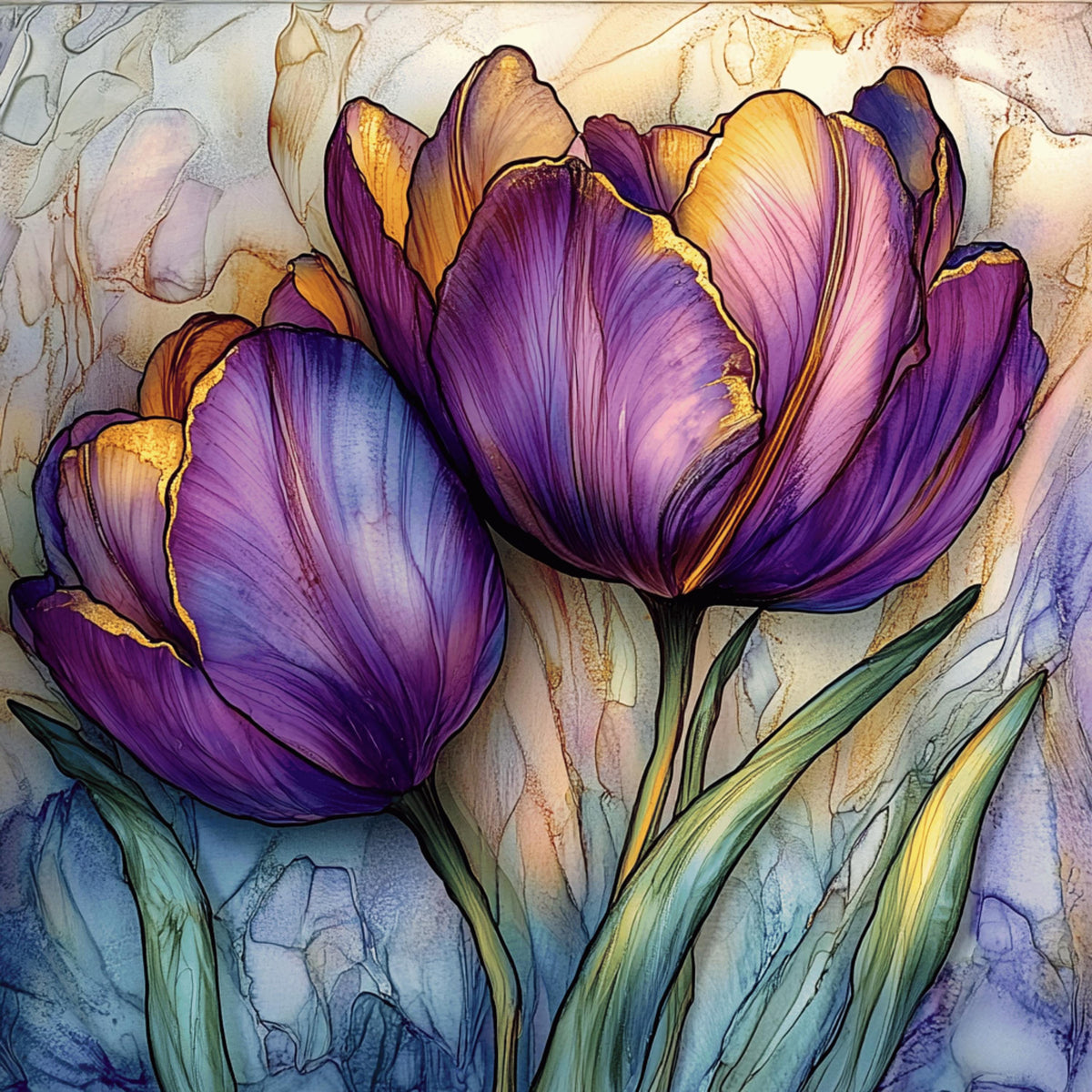 Tulip Orchid Hibiscus Stained Glass Artwork, Digital Images Set of 25, Purple Flower Art for Living Room, Dining Room, Bedroom Décor