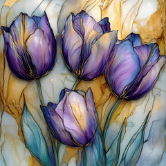 Tulip Orchid Hibiscus Stained Glass Artwork, Digital Images Set of 25, Purple Flower Art for Living Room, Dining Room, Bedroom Décor