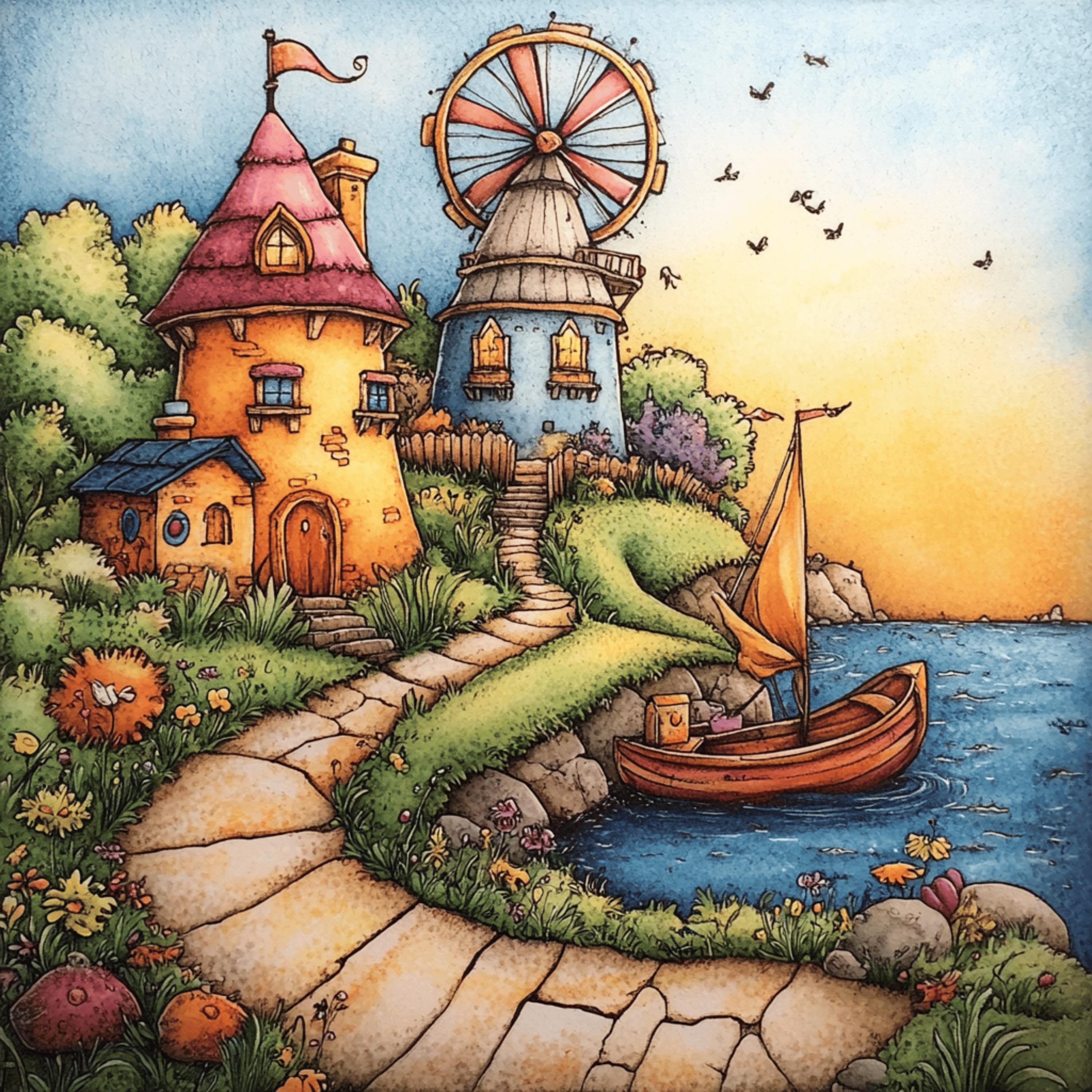 Whimsical lighthouse windmill ocean artwork, large square art, kids room decor, serene seaside illustration, 24 digital images