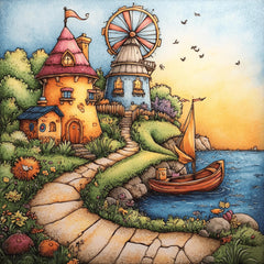 Whimsical lighthouse windmill ocean artwork, large square art, kids room decor, serene seaside illustration, 24 digital images