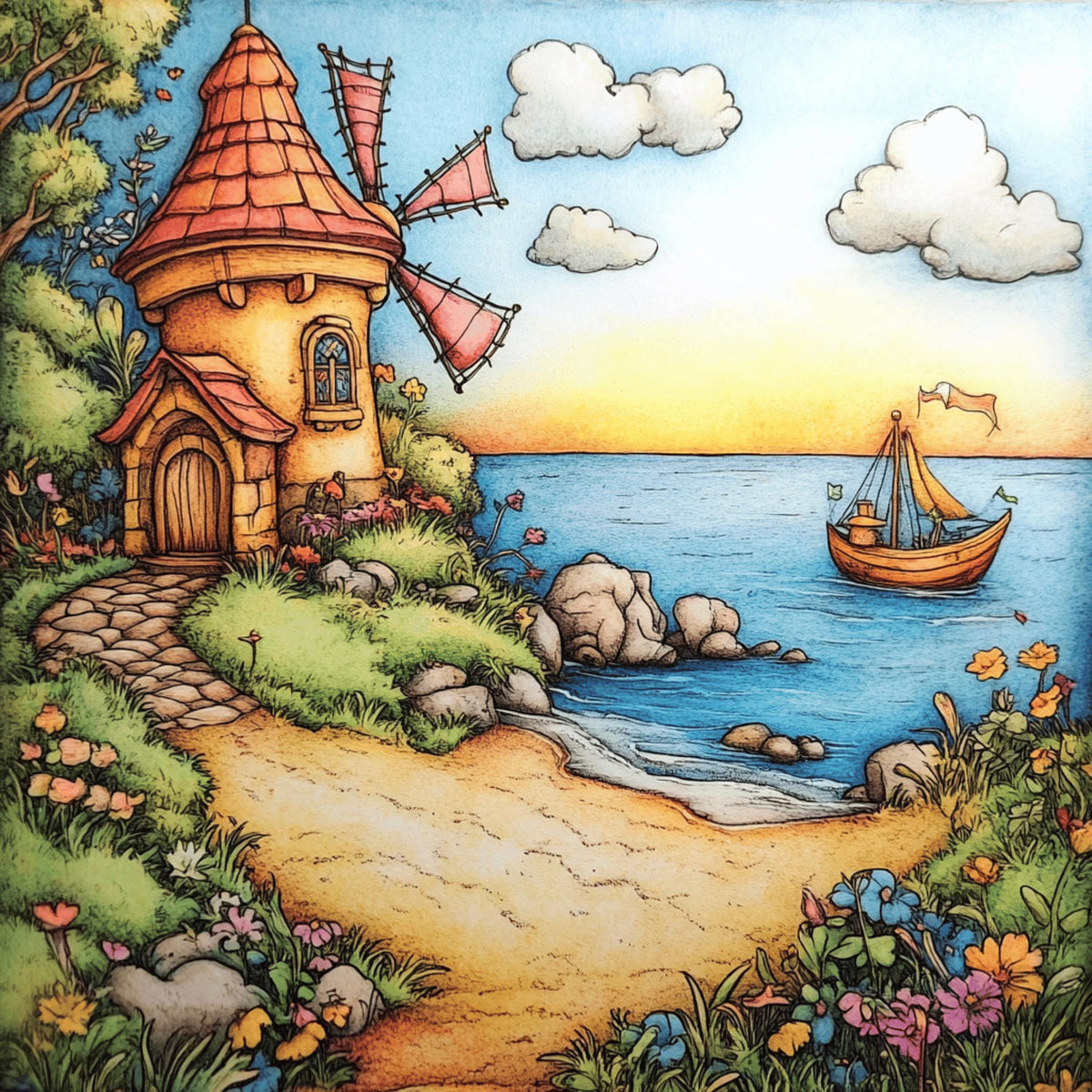 Whimsical lighthouse windmill ocean artwork, large square art, kids room decor, serene seaside illustration, 24 digital images