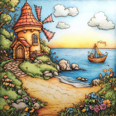 Whimsical lighthouse windmill ocean artwork, large square art, kids room decor, serene seaside illustration, 24 digital images