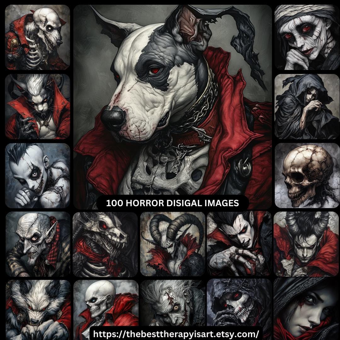 100 Horror Hell Dog Cat Dinosaur Skeleton Vampire Skull Satan Mummy Digital Images, Large Square Art Prints, Creepy Poster