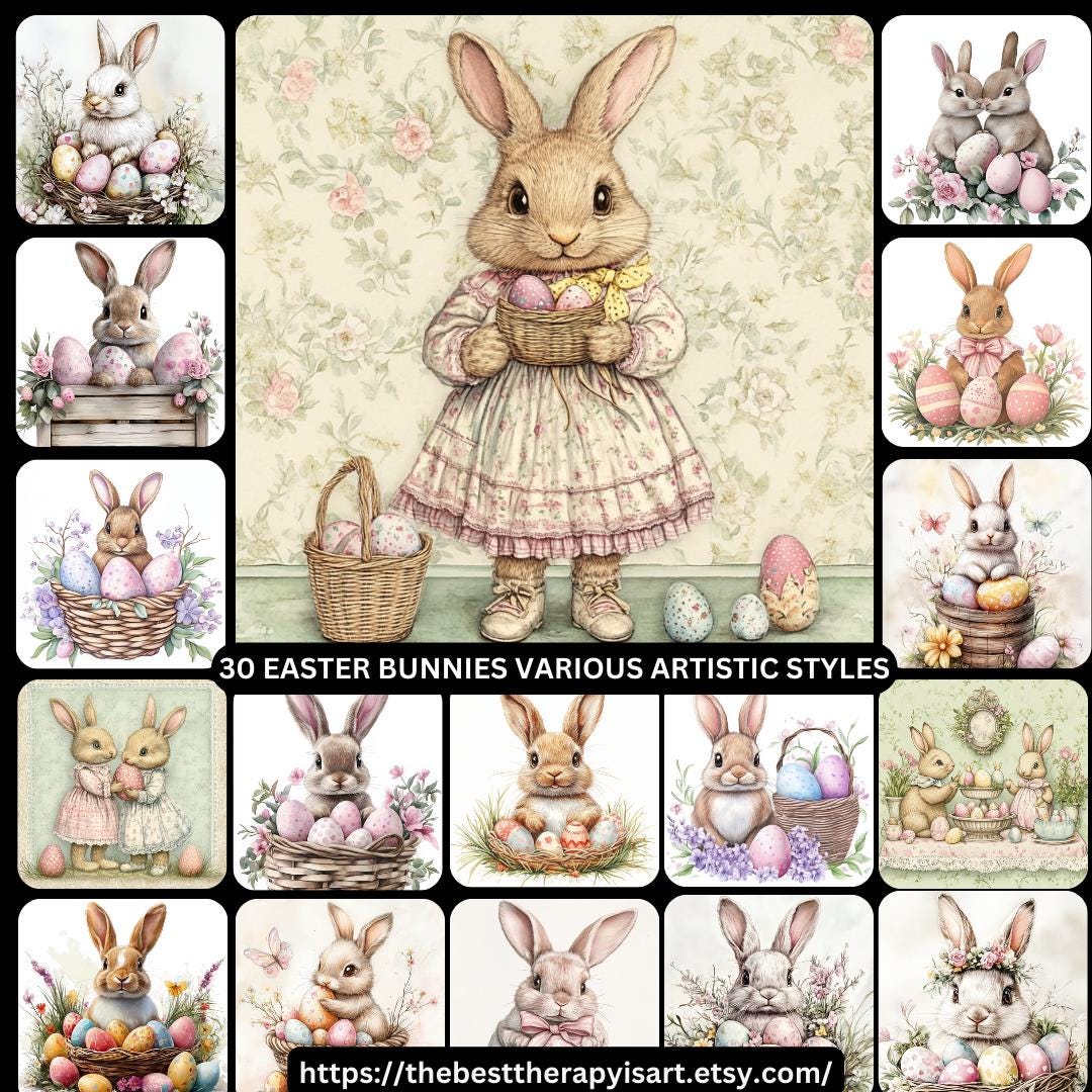 30 Vibrant Easter Rabbit Storybook Art Poster, Nostalgic Retro Victorian Floral Style, Large Square Artwork, Digital Images Set, Soft Pastel