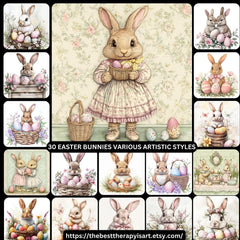 30 Vibrant Easter Rabbit Storybook Art Poster, Nostalgic Retro Victorian Floral Style, Large Square Artwork, Digital Images Set, Soft Pastel