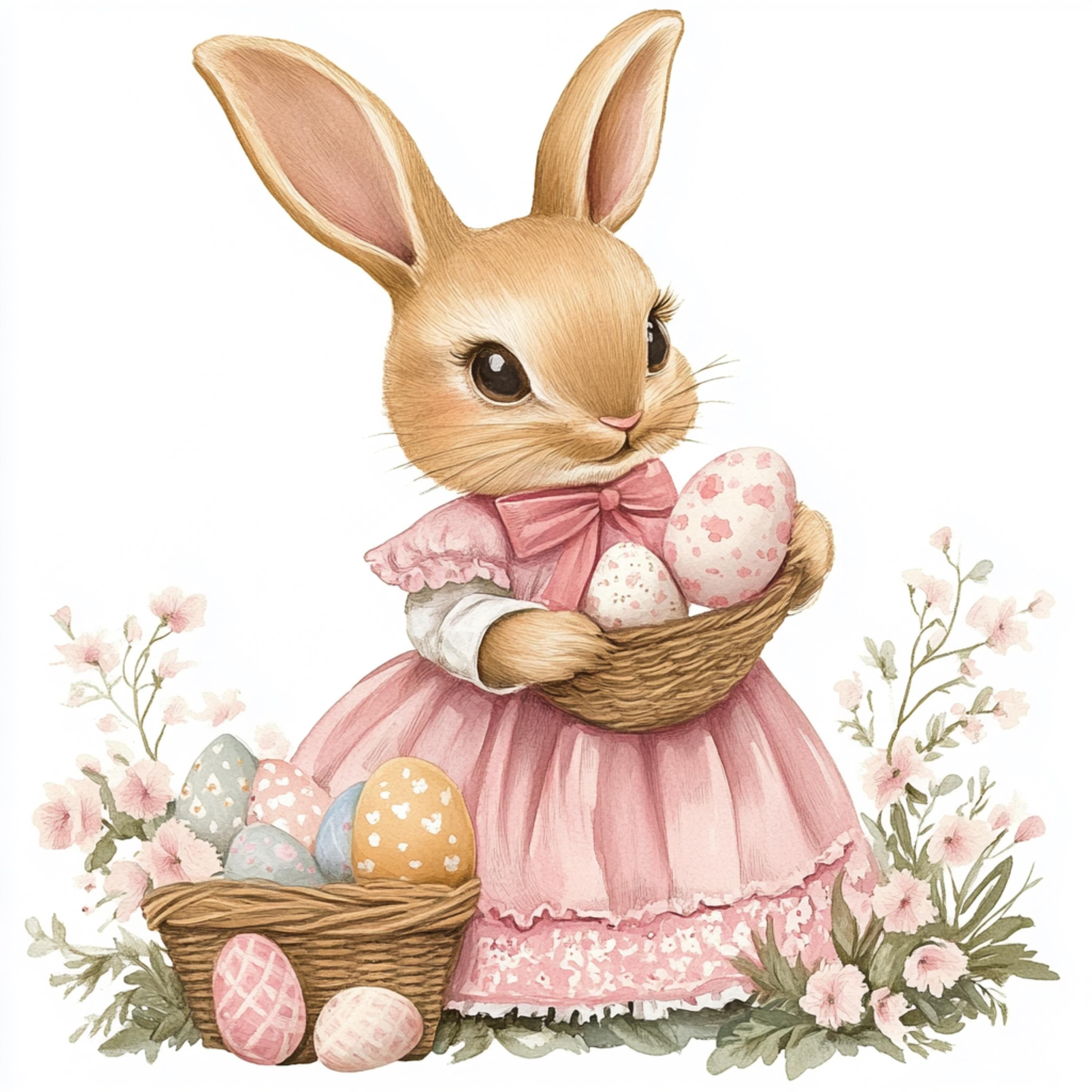 30 Vibrant Easter Rabbit Storybook Art Poster, Nostalgic Retro Victorian Floral Style, Large Square Artwork, Digital Images Set, Soft Pastel