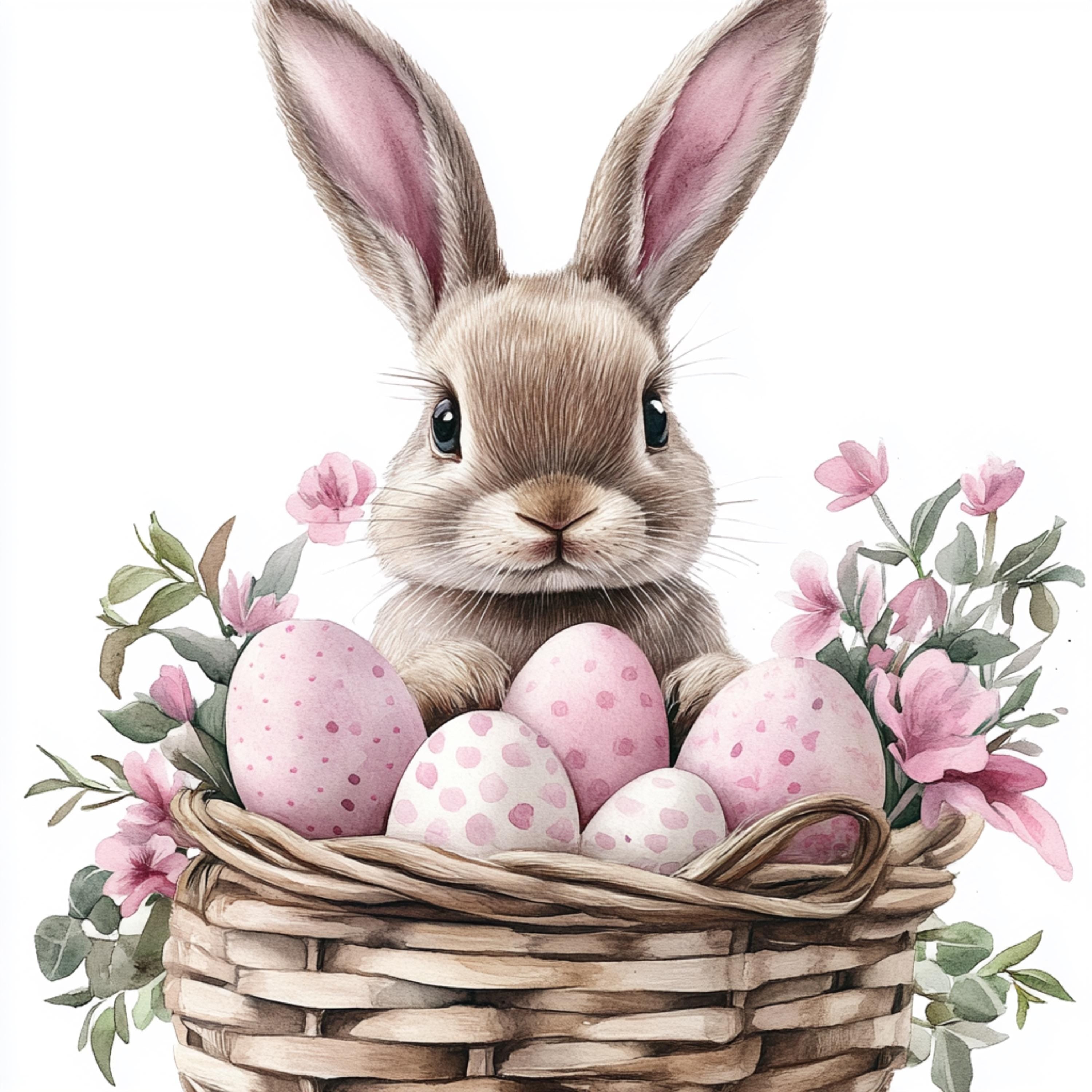30 Vibrant Easter Rabbit Storybook Art Poster, Nostalgic Retro Victorian Floral Style, Large Square Artwork, Digital Images Set, Soft Pastel