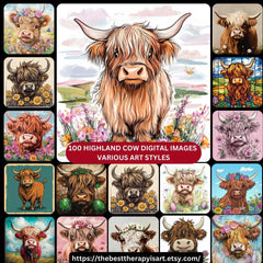 100 Highland Cow Digital Images, Various Art Styles, Large Square Artwork, Kids Art, Nursery Decor, Playroom Wall Art, Easter highland cow.