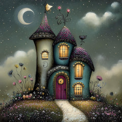 12 Whimsical houses digital artwork set, Square wall art poster for kids playroom, Large nursery bedroom decor, Fairy house digital images.