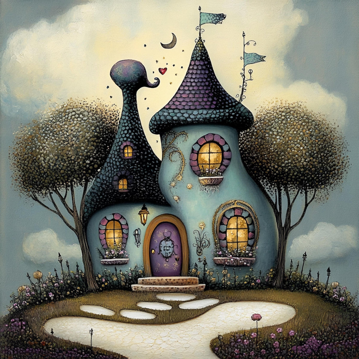 12 Whimsical houses digital artwork set, Square wall art poster for kids playroom, Large nursery bedroom decor, Fairy house digital images.
