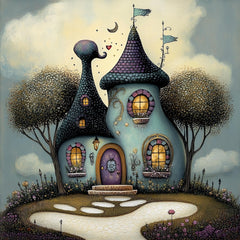 12 Whimsical houses digital artwork set, Square wall art poster for kids playroom, Large nursery bedroom decor, Fairy house digital images.