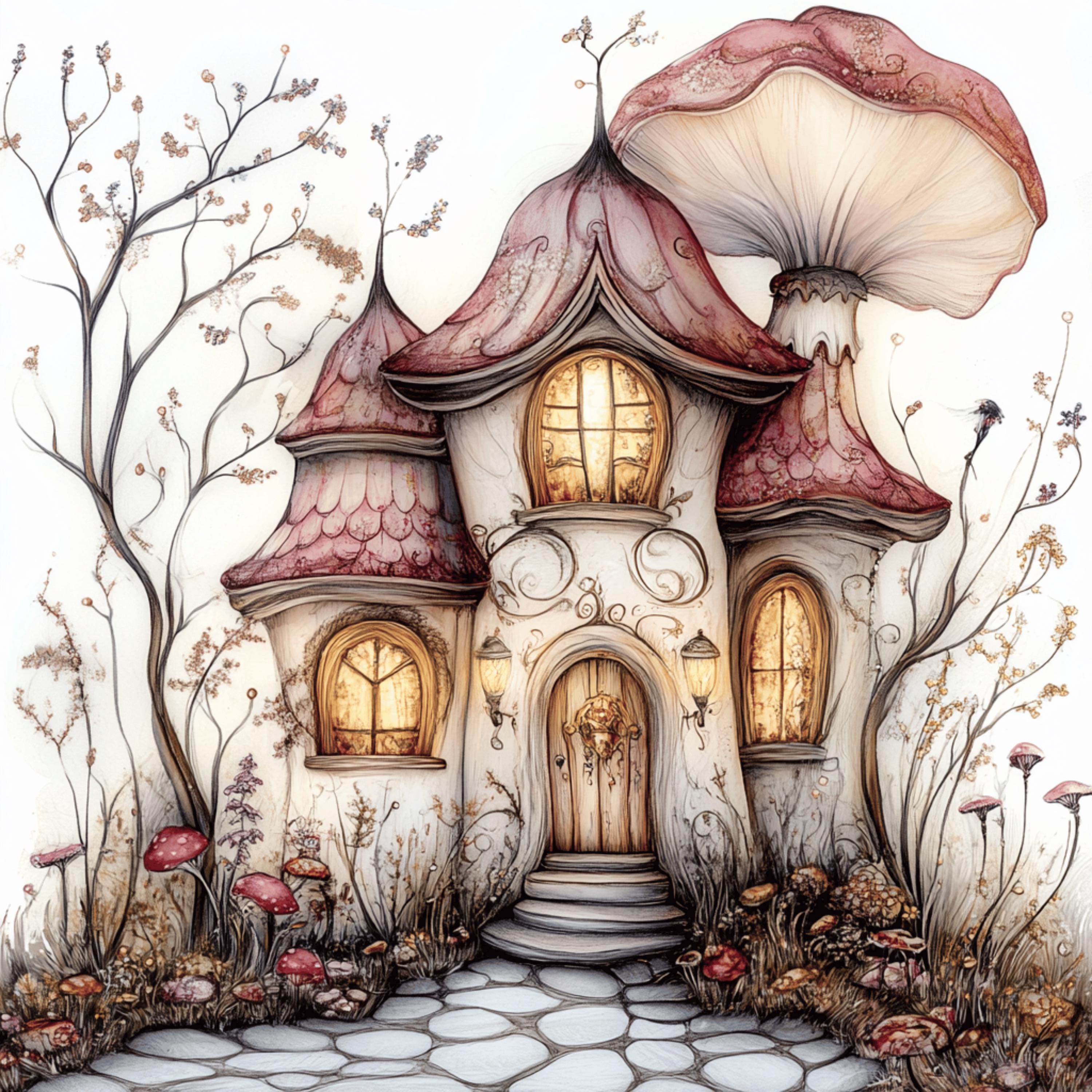 25 digital images, pink whimsical fairy floral houses, large square artwork poster, kids art, playroom nursery magical
