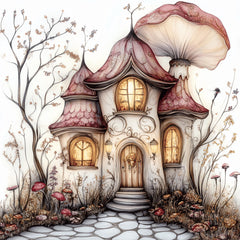 25 digital images, pink whimsical fairy floral houses, large square artwork poster, kids art, playroom nursery magical