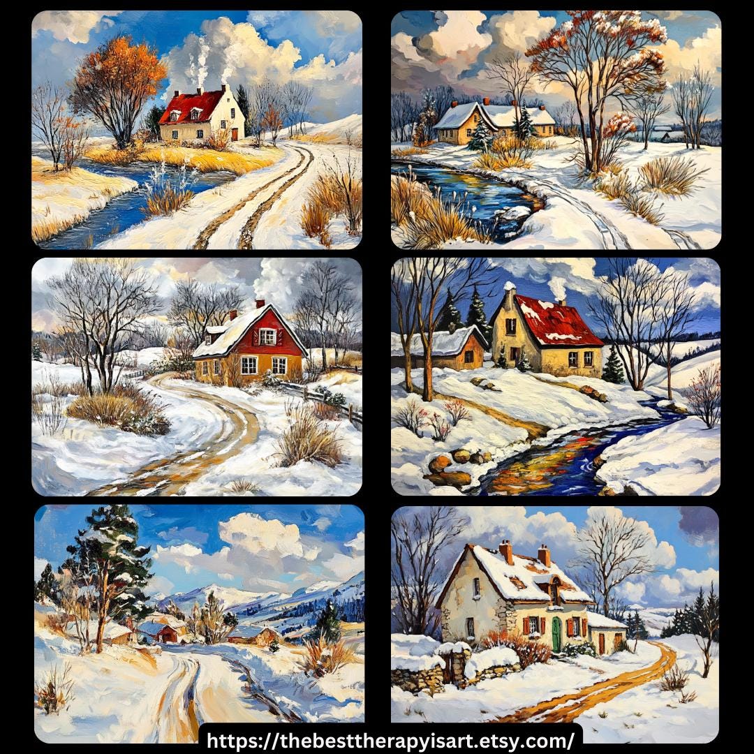35 Winter and fall landscapes in old masters style, digital images, large artwork poster, stunning seasonal scenery prints