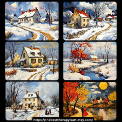35 Winter and fall landscapes in old masters style, digital images, large artwork poster, stunning seasonal scenery prints