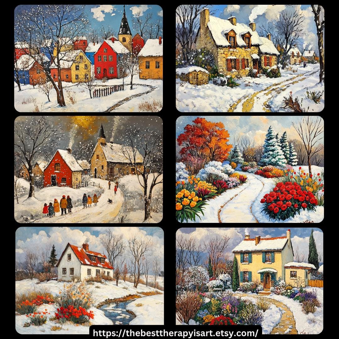 35 Winter and fall landscapes in old masters style, digital images, large artwork poster, stunning seasonal scenery prints
