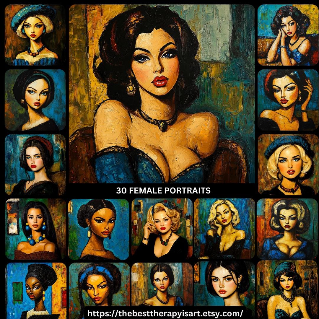 30 Vintage Glamour Portrait Collection, Expressive Oil Painting Style, Bold Dramatic Aesthetic Art, Digital Images, Large Square Artwork