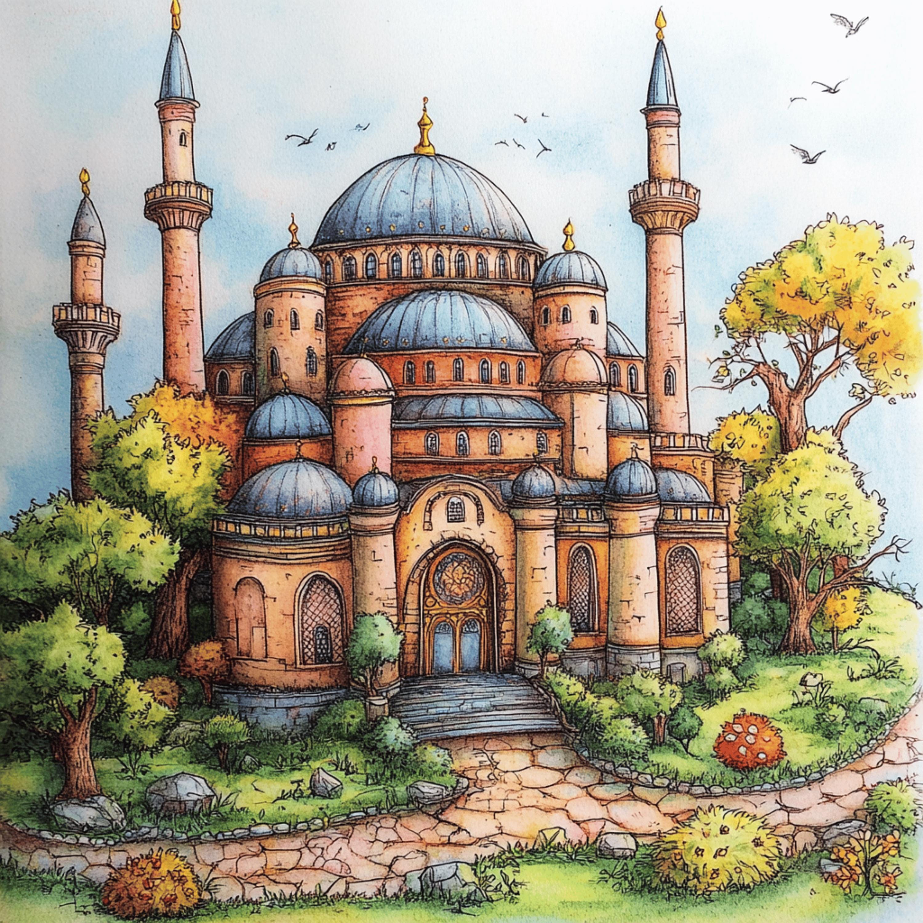 70 Digital Images Whimsical Islamic Architecture Mosque Muslim Large Square Artwork Poster Kid's Art Playroom Nursery Decor Nikkah Gift
